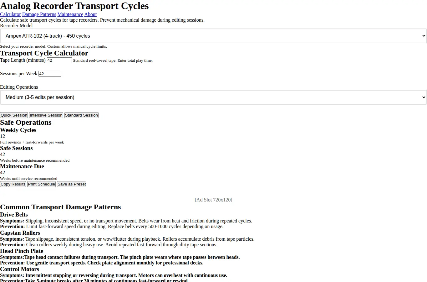 Screenshot of Analog Recorder Transport Cycles interface showing the project page in use